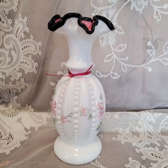 Vintage Signed Fenton Vase Hand Painted Beaded Milk Glass - Picture 8 of 12